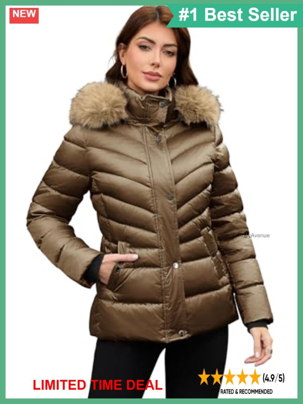 Shiny Puffer Coat with Detachable Faux Fur Collar & Hood
